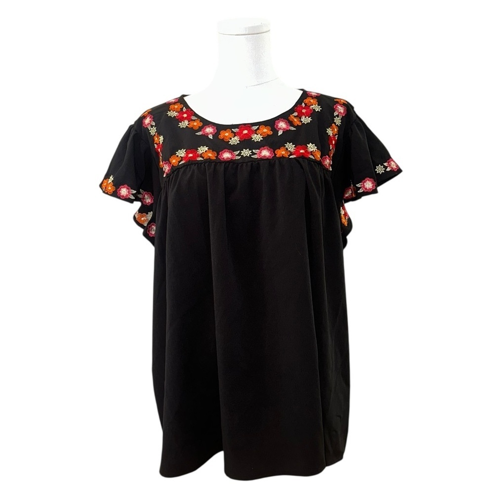 Women's XL Black Embroidered Floral Ruffled Cap Sleeve Relaxed Casual Blouse